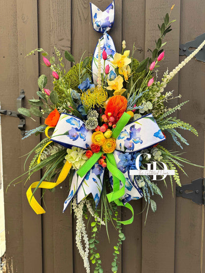 Bright Spring Moss Wreath for Front Door - Elegant Blue Floral Spring Designer Door Hanger