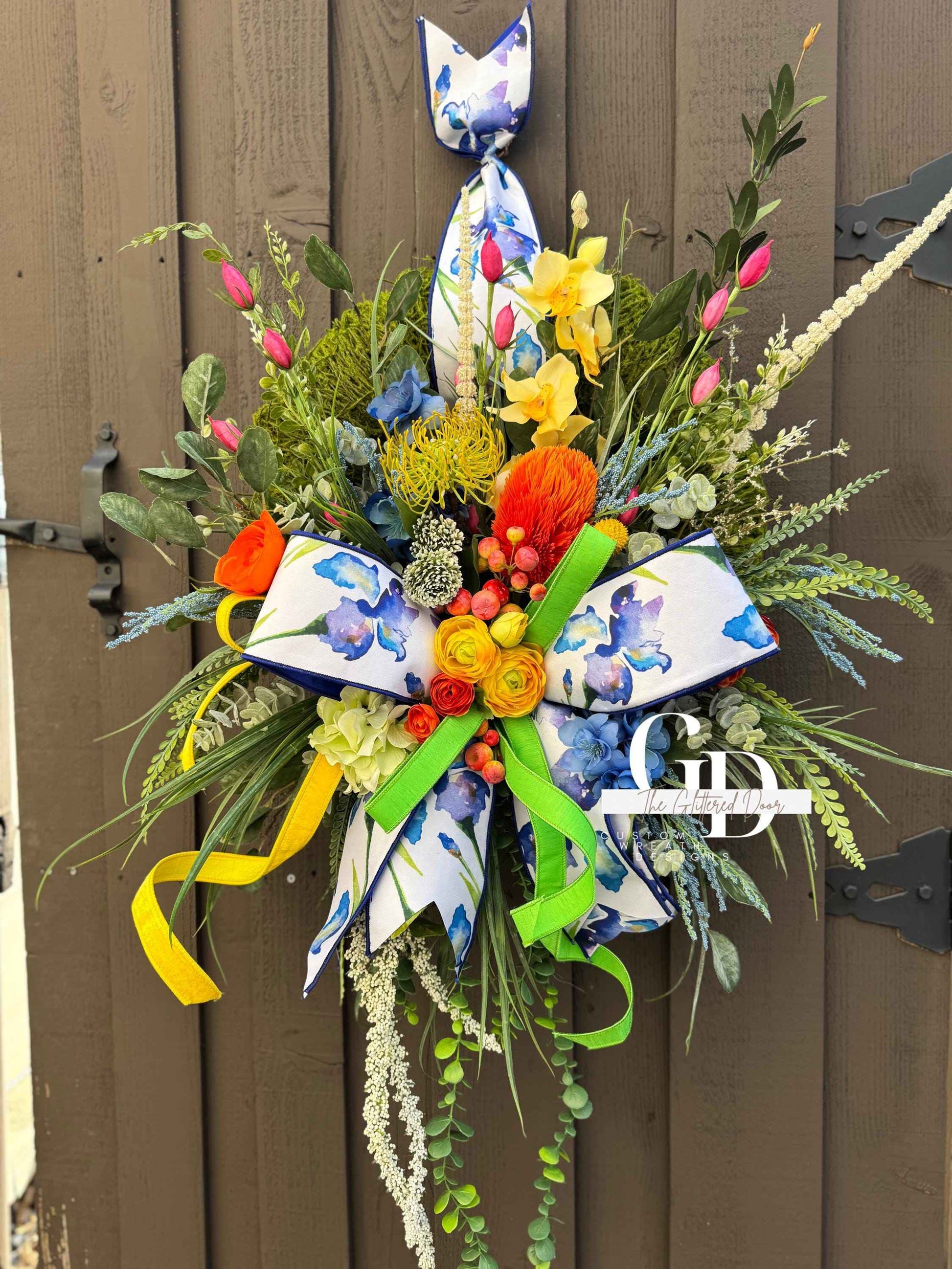 Bright Spring Moss Wreath for Front Door - Elegant Blue Floral Spring Designer Door Hanger