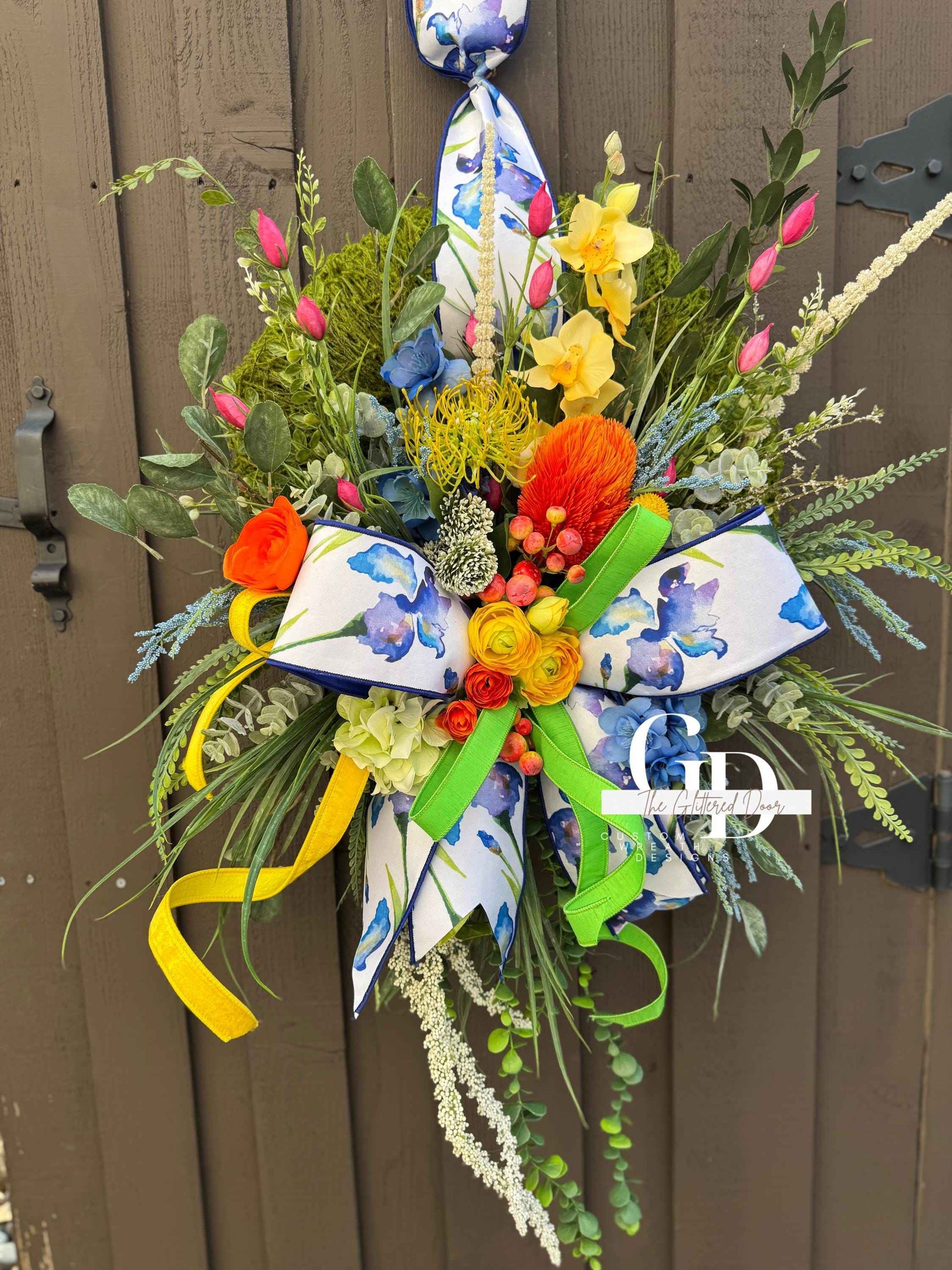 Bright Spring Moss Wreath for Front Door - Elegant Blue Floral Spring Designer Door Hanger
