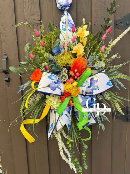 Bright Spring Moss Wreath for Front Door - Elegant Blue Floral Spring Designer Door Hanger