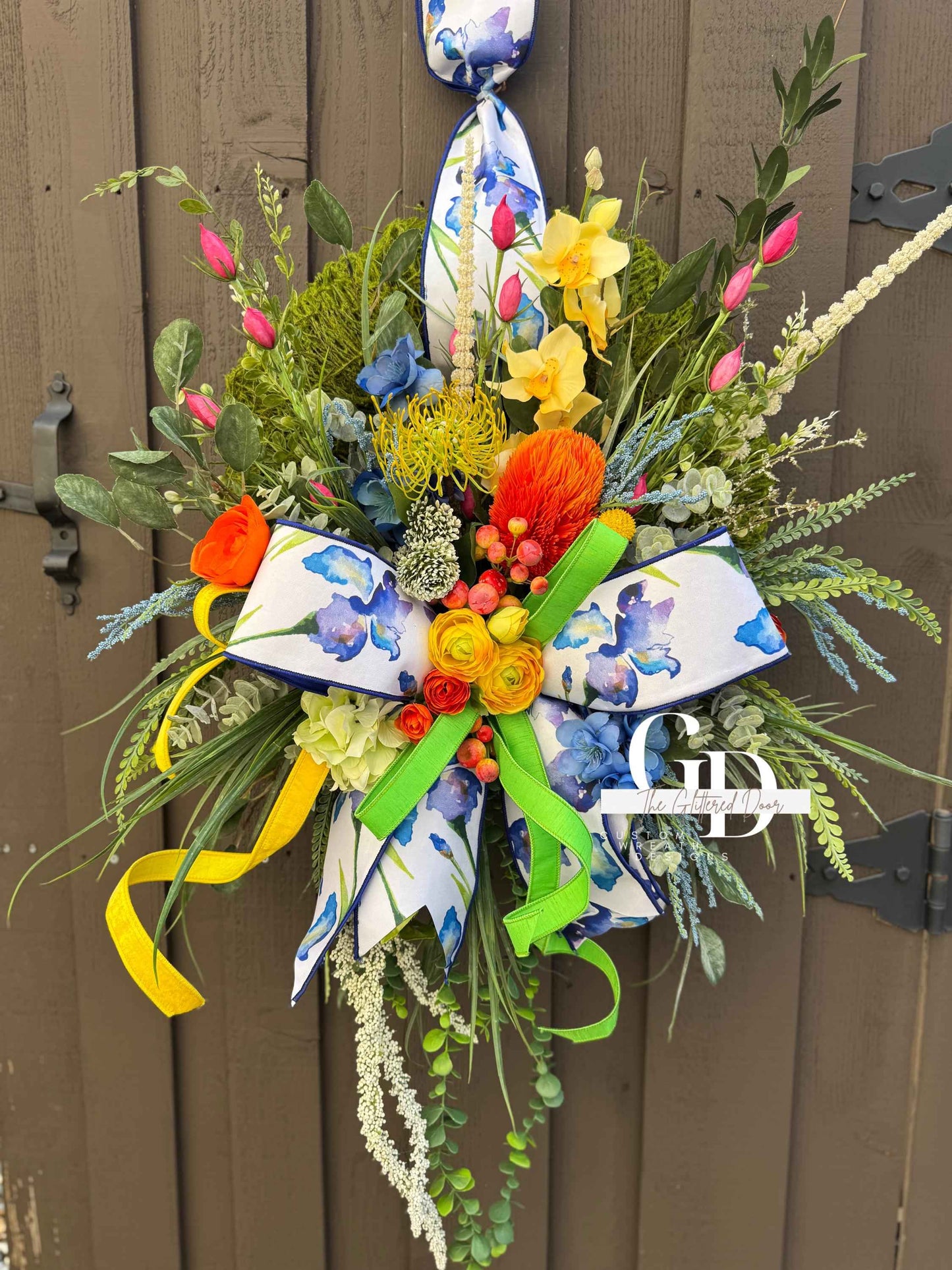 Bright Spring Moss Wreath for Front Door - Elegant Blue Floral Spring Designer Door Hanger