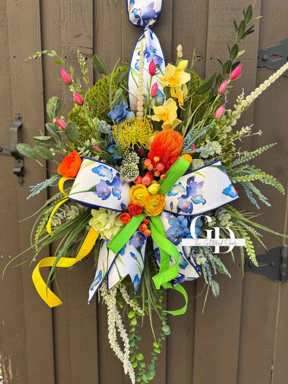 Bright Spring Moss Wreath for Front Door - Elegant Blue Floral Spring Designer Door Hanger
