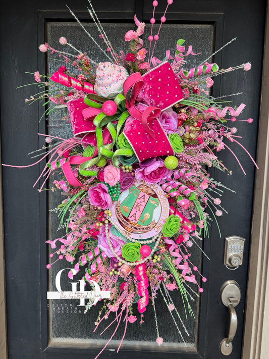 AKA Swag Wreath Custom Made to Order Pink and Green Wreath Sorority Wreath AKA decor Sorority gifts Pink and Green Spring wreath AKA gifts