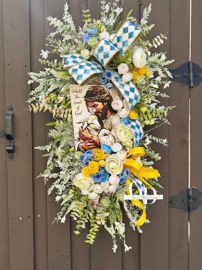 Easter Jesus Swag Wreath Neutral Tones. Spring Easter Decor Christian wreath Front Porch Easter Decor
