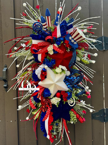 Patriotic Summer Wreath Memorial Day Patriotic Decor. Red white and blue stars door decor large wreath 4th of July wreath summer wreath