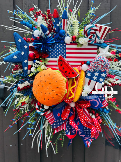 Summer Patriotic Wreath Red white and blue wreath 4th of July Summer BBQ grillin wreath 4th of July decor Memorial Day wreath USA decor
