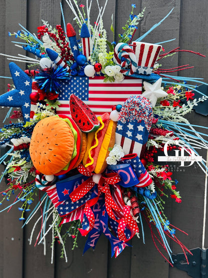 Summer Patriotic Wreath Red white and blue wreath 4th of July Summer BBQ grillin wreath 4th of July decor Memorial Day wreath USA decor