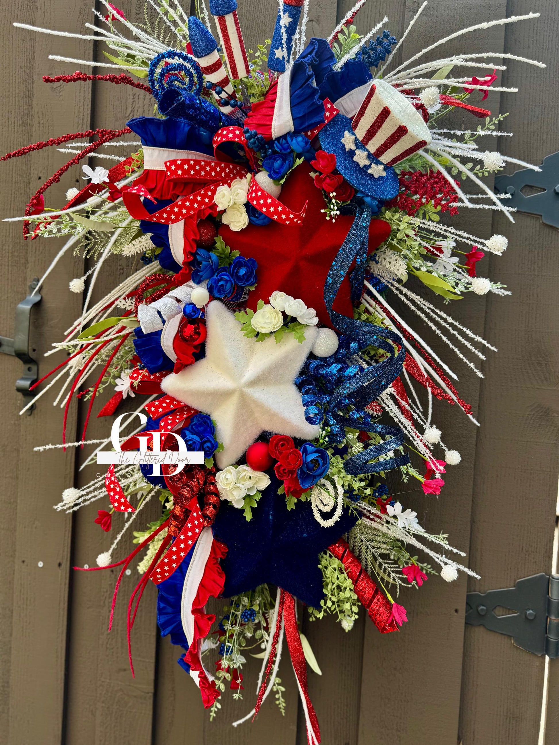 Patriotic Summer Wreath Memorial Day Patriotic Decor. Red white and blue stars door decor large wreath 4th of July wreath summer wreath