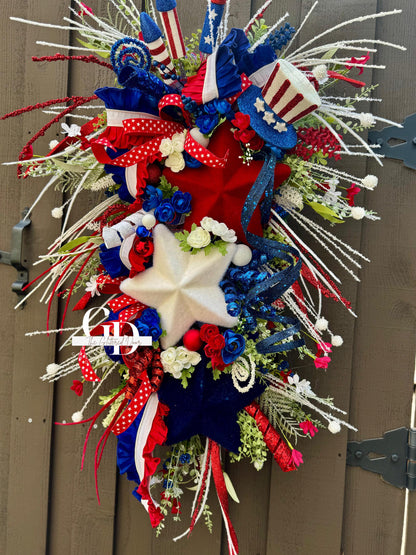Patriotic Summer Wreath Memorial Day Patriotic Decor. Red white and blue stars door decor large wreath 4th of July wreath summer wreath