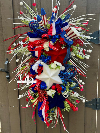 Patriotic Summer Wreath Memorial Day Patriotic Decor. Red white and blue stars door decor large wreath 4th of July wreath summer wreath