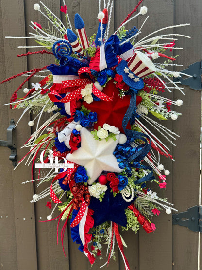 Patriotic Summer Wreath - Red White and Blue Stars Door Decor for Memorial Day and 4th of July