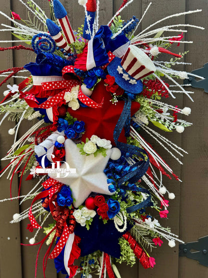 Patriotic Summer Wreath Memorial Day Patriotic Decor. Red white and blue stars door decor large wreath 4th of July wreath summer wreath