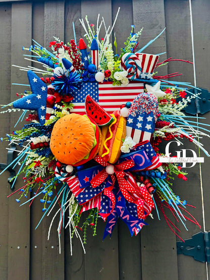 Patriotic Summer Wreath for 4th of July BBQ Decor in Red, White & Blue