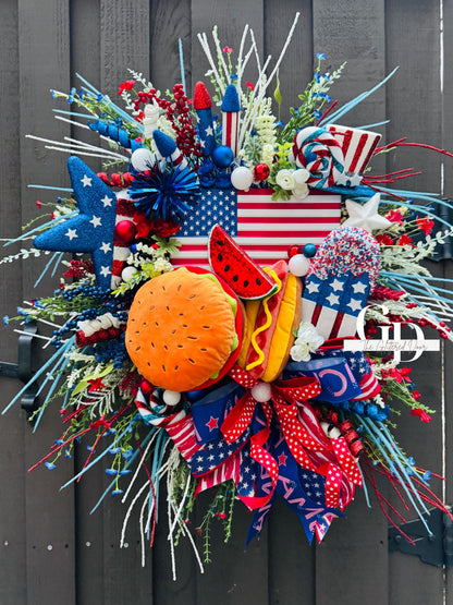 Summer Patriotic Wreath Red white and blue wreath 4th of July Summer BBQ grillin wreath 4th of July decor Memorial Day wreath USA decor