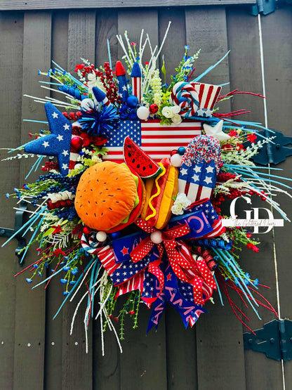Summer Patriotic Wreath Red white and blue wreath 4th of July Summer BBQ grillin wreath 4th of July decor Memorial Day wreath USA decor