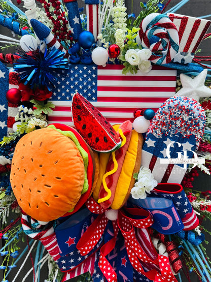 Patriotic Summer Wreath for 4th of July BBQ Decor in Red, White & Blue