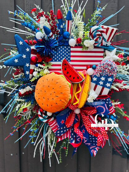 Summer Patriotic Wreath Red white and blue wreath 4th of July Summer BBQ grillin wreath 4th of July decor Memorial Day wreath USA decor