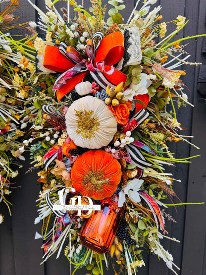 Fall Swag Wreath Pumpkin Wreath Orange Fall Front door Decor XL oversized wreath Thanksgiving wreath Thanksgiving decor Made to Order