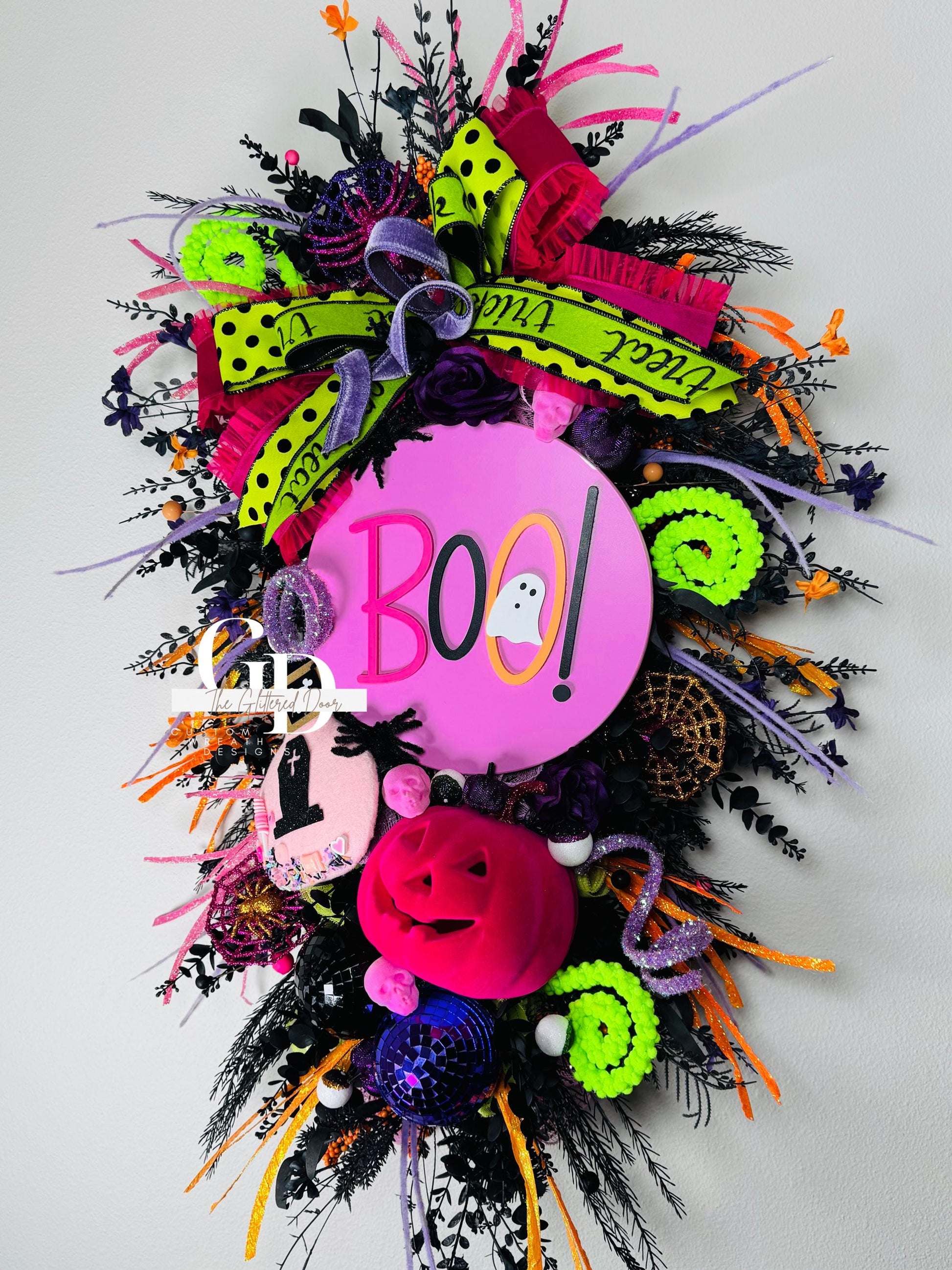 Halloween swag Wreath pink pumpkin wreath Fall Front door Decor Halloween Decor front door wreath for fall Trick or Treat boo sign wreath