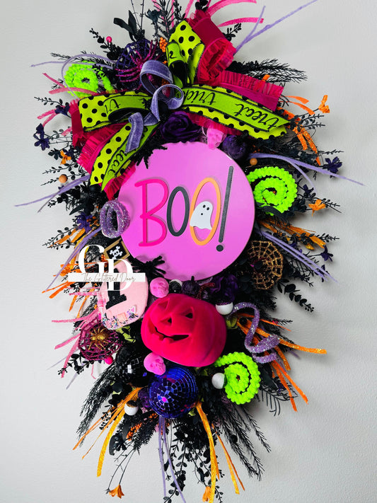 Halloween swag Wreath pink pumpkin wreath Fall Front door Decor Halloween Decor front door wreath for fall Trick or Treat boo sign wreath