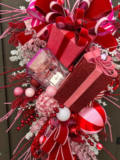 Pink and Red Christmas glam swag wreath Jewel Ornament wreath Holiday wreath Holiday decor Christmas decor elegant wreath Made to Order