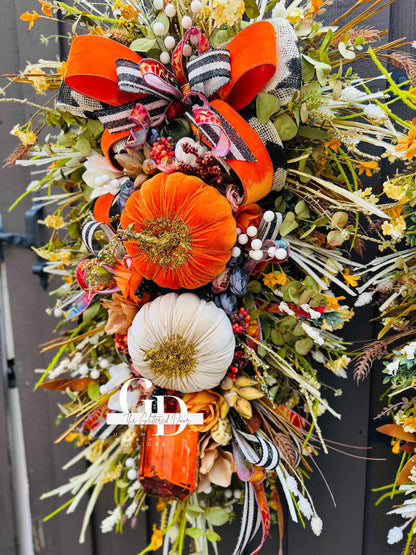 Fall Swag Wreath Pumpkin Wreath Orange Fall Front door Decor XL oversized wreath Thanksgiving wreath Thanksgiving decor Made to Order