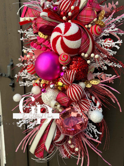 Pink and Red Christmas glam swag wreath Jewel Ornament wreath Holiday wreath Holiday decor Christmas decor elegant wreath Made to Order