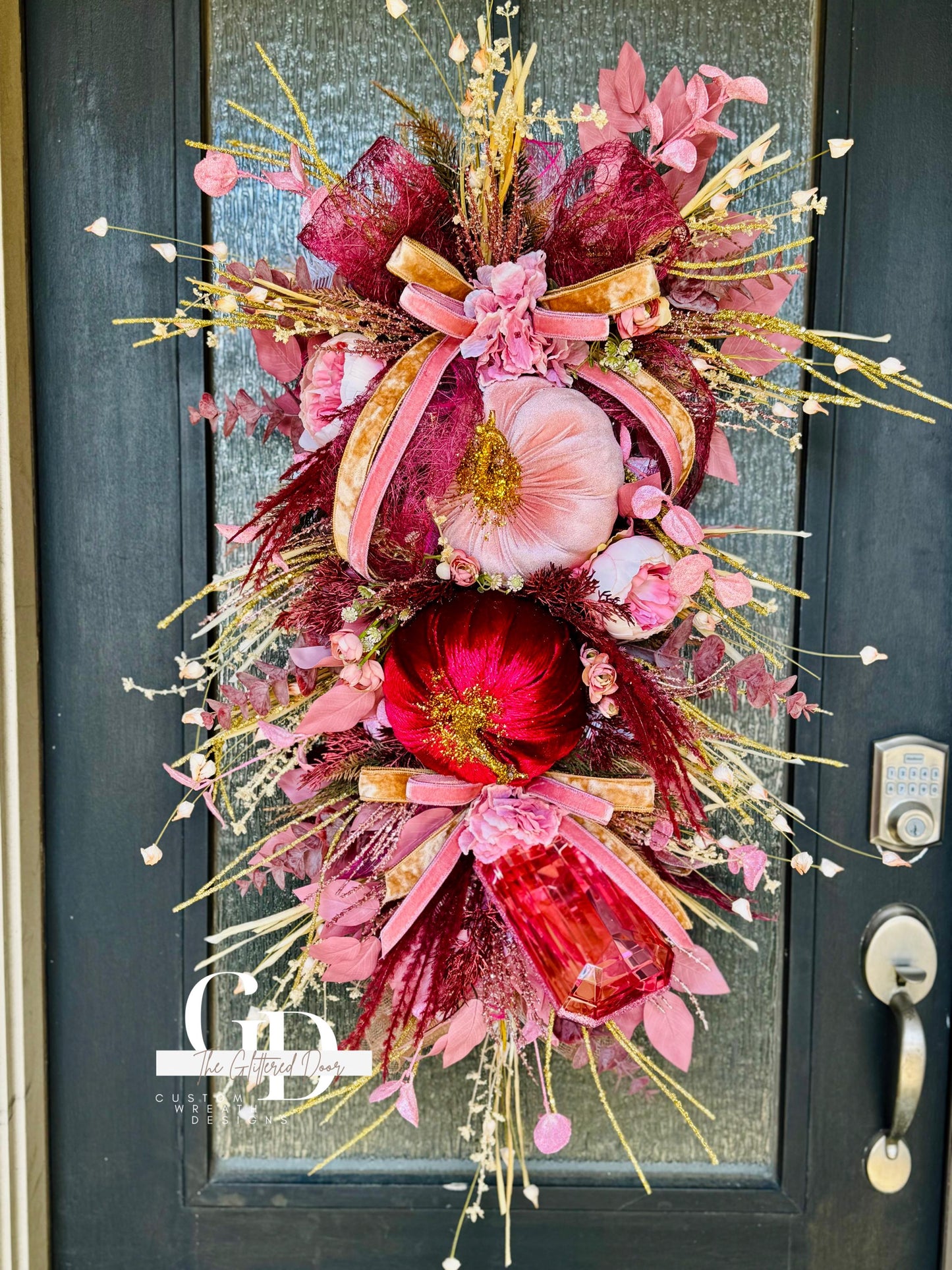 Front Door Pink Fall Wreath Pumpkin and Jewel Wreath Pink Fall Front door Decor Thanksgiving wreath Glam Elegant Pink and Burgandy wreath