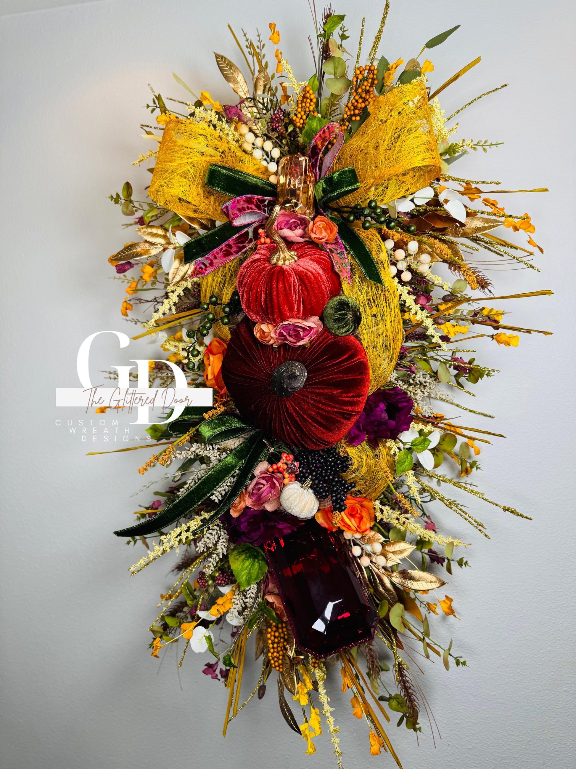 Fall Swag Wreath Pumpkin Wreath Mustard & Burgundy Fall Front door XL wreath Thanksgiving wreath Autumn decor Elegant wreath w/gem ornament