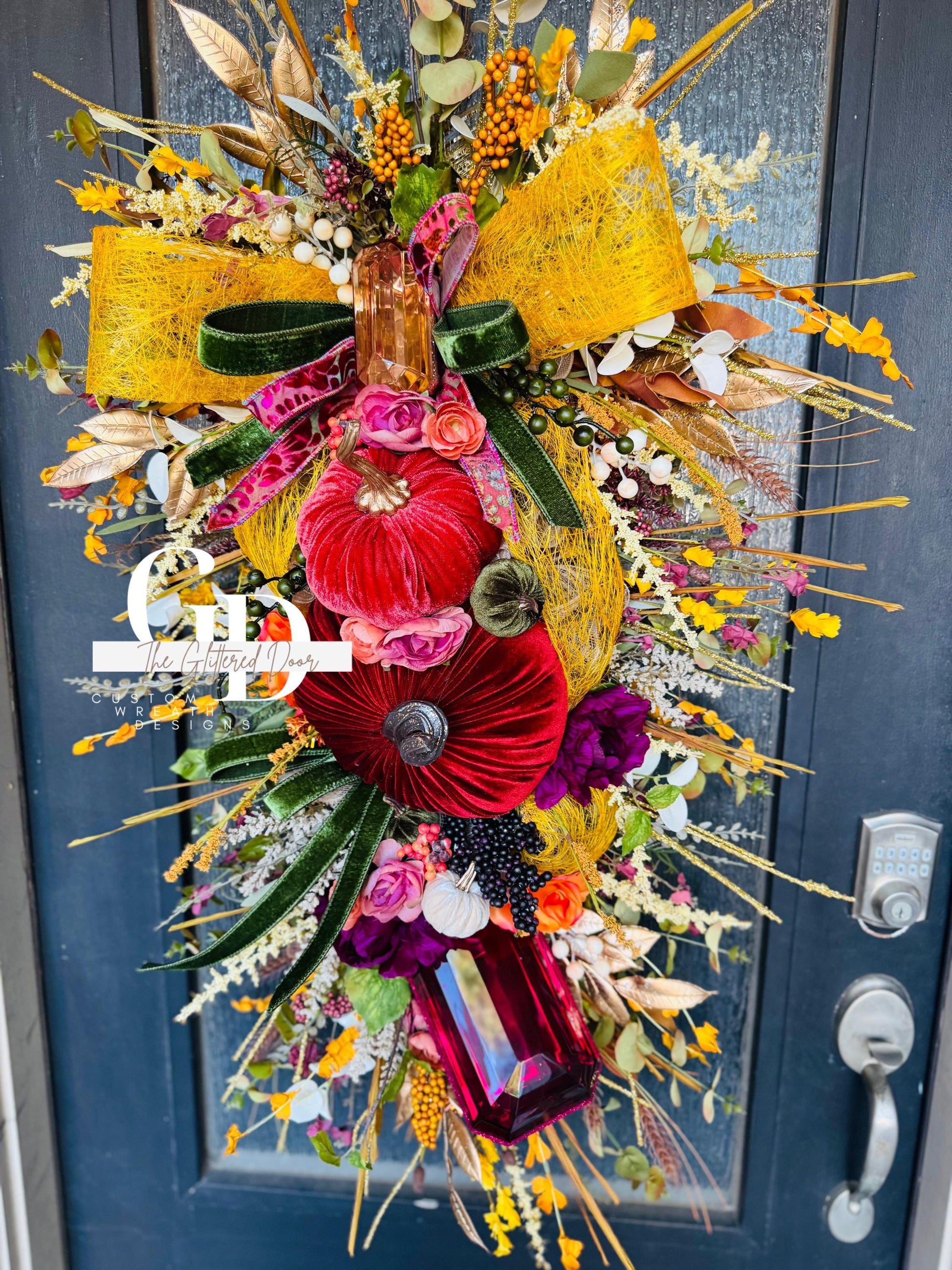 Fall Swag Wreath Pumpkin Wreath Mustard & Burgundy Fall Front door XL wreath Thanksgiving wreath Autumn decor Elegant wreath w/gem ornament