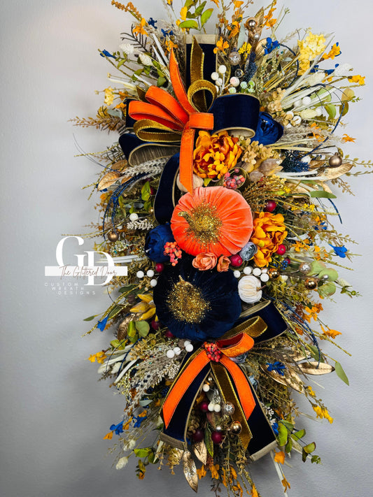 Fall Swag Wreath Pumpkin Wreath Orange & navy Fall Front door XL wreath Thanksgiving decor Autumn wreath elegant wreath for fall