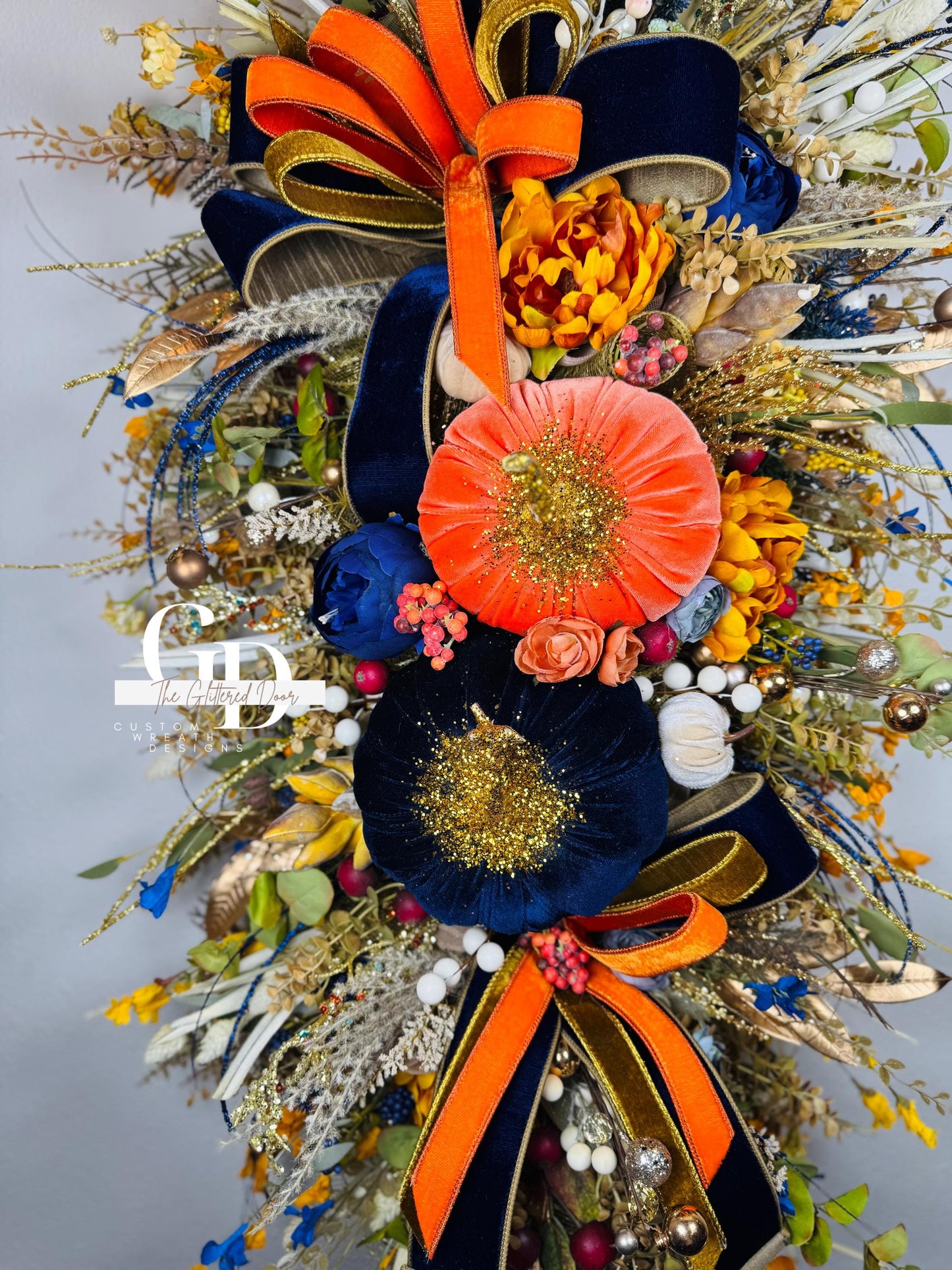 Fall Swag Wreath Pumpkin Wreath Orange & navy Fall Front door XL wreath Thanksgiving decor Autumn wreath elegant wreath for fall
