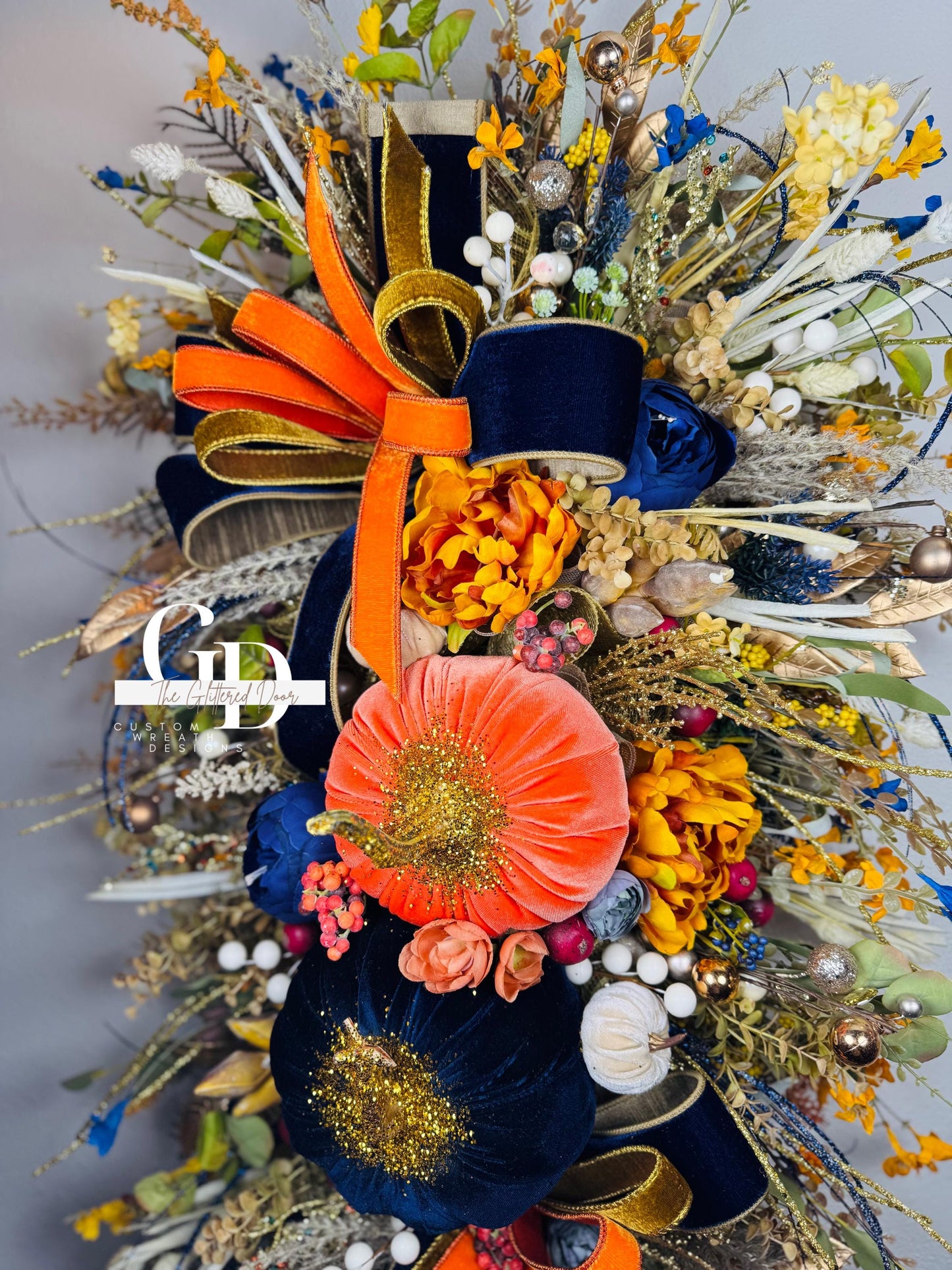 Fall Swag Wreath Pumpkin Wreath Orange & navy Fall Front door XL wreath Thanksgiving decor Autumn wreath elegant wreath for fall