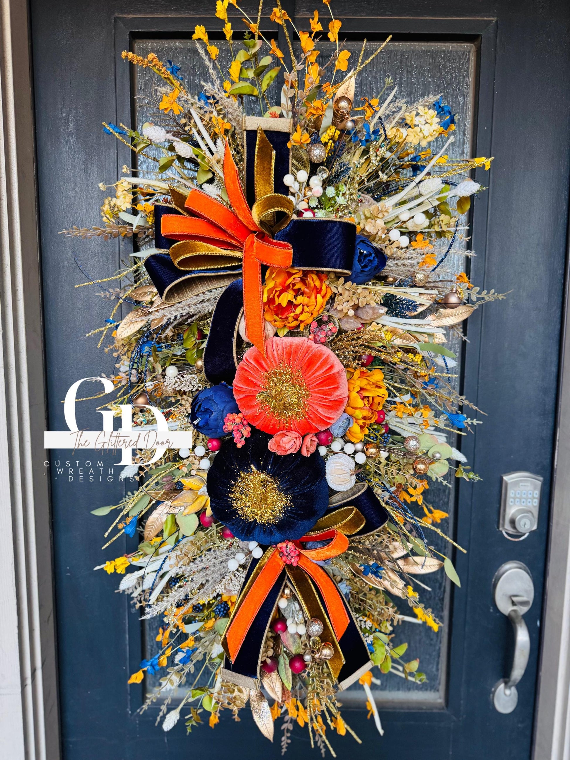Fall Swag Wreath Pumpkin Wreath Orange & navy Fall Front door XL wreath Thanksgiving decor Autumn wreath elegant wreath for fall