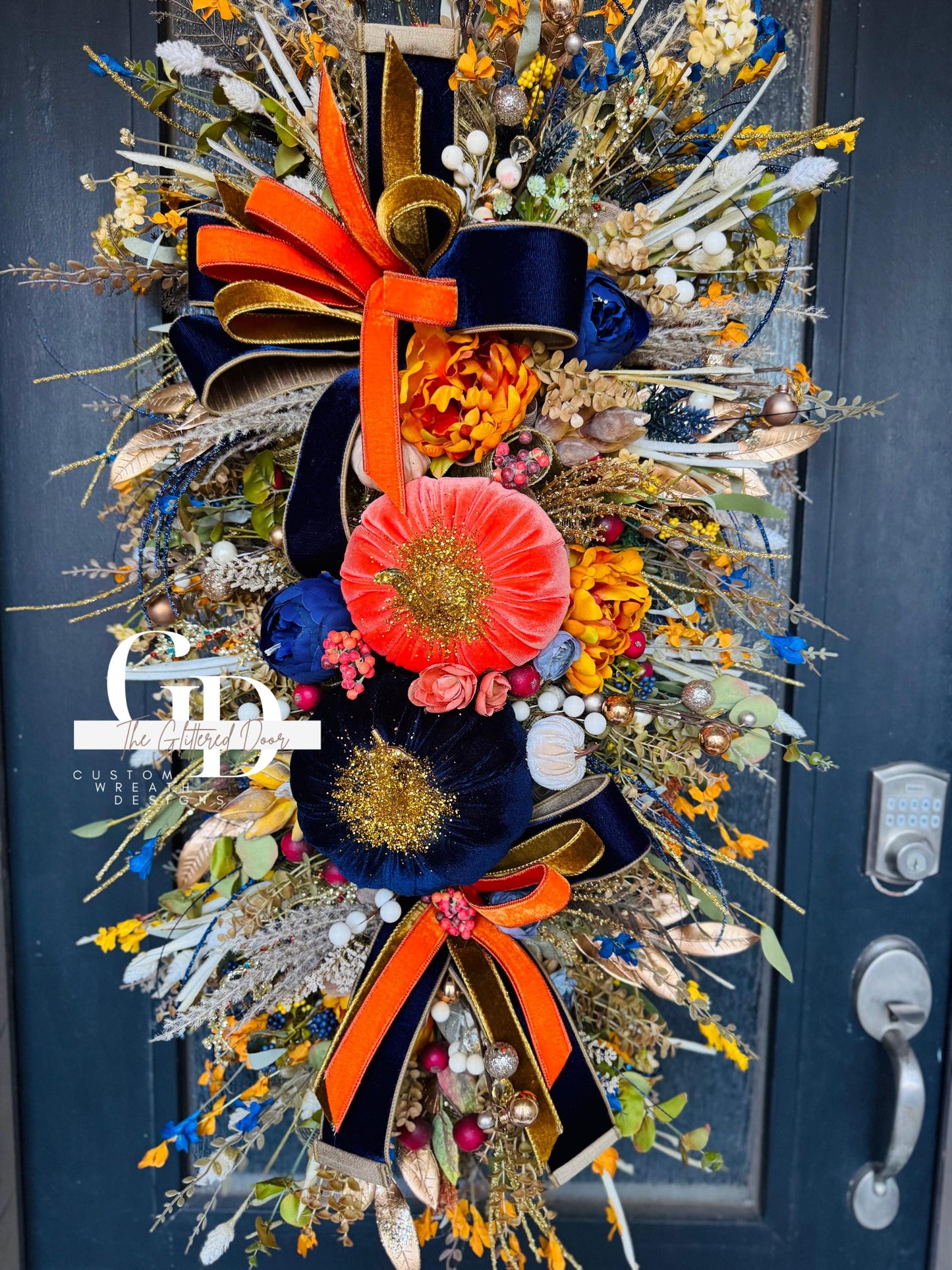Fall Swag Wreath Pumpkin Wreath Orange & navy Fall Front door XL wreath Thanksgiving decor Autumn wreath elegant wreath for fall