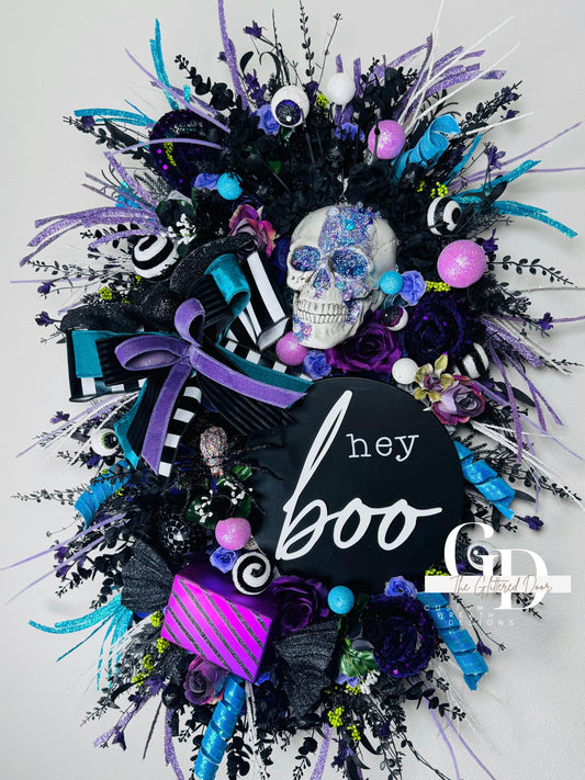 Oversized XL Halloween swag wreath Skeleton wreath Fall Front door Decor Halloween Decor front door wreath for fall Hey boo halloween sign