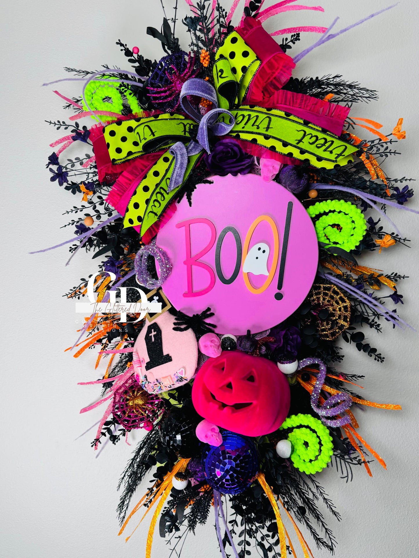 Halloween swag Wreath pink pumpkin wreath Fall Front door Decor Halloween Decor front door wreath for fall Trick or Treat boo sign wreath