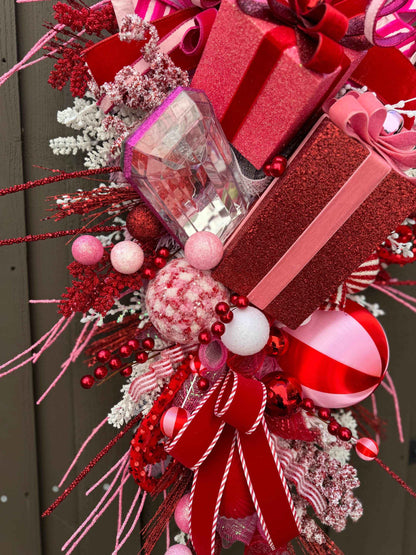 Pink and Red Christmas glam swag wreath Jewel Ornament wreath Holiday wreath Holiday decor Christmas decor elegant wreath Made to Order