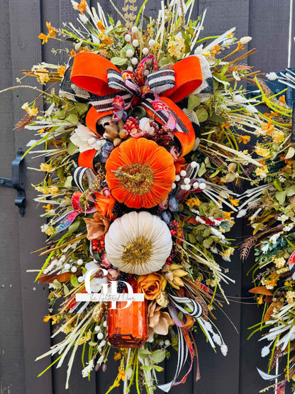 Fall Swag Wreath Pumpkin Wreath Orange Fall Front door Decor XL oversized wreath Thanksgiving wreath Thanksgiving decor Made to Order