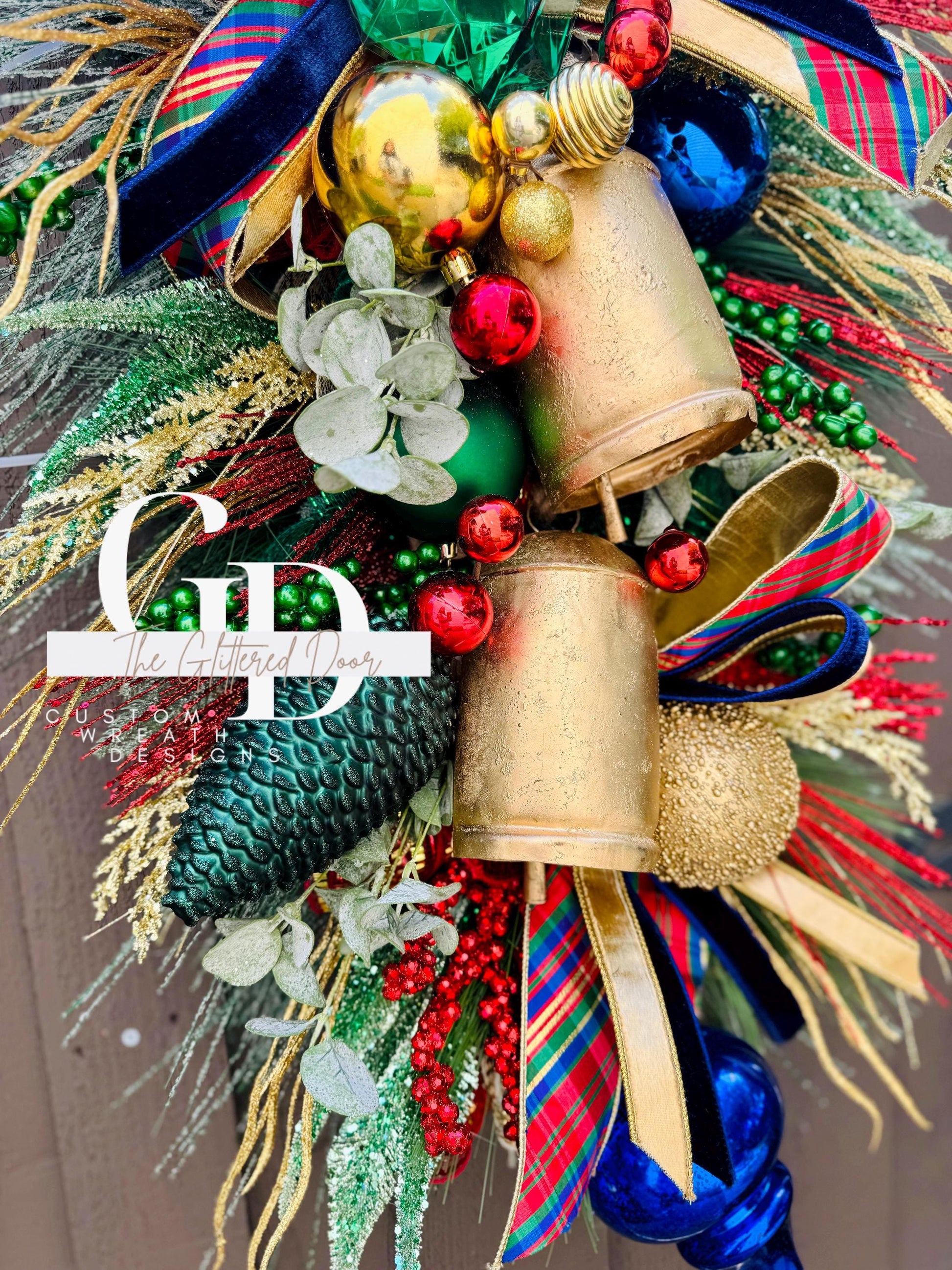 Red Blue Green Classic Christmas glam swag wreath Jewel Ornament Elegant Pine wreath Holiday wreath Christmas decor Made to order