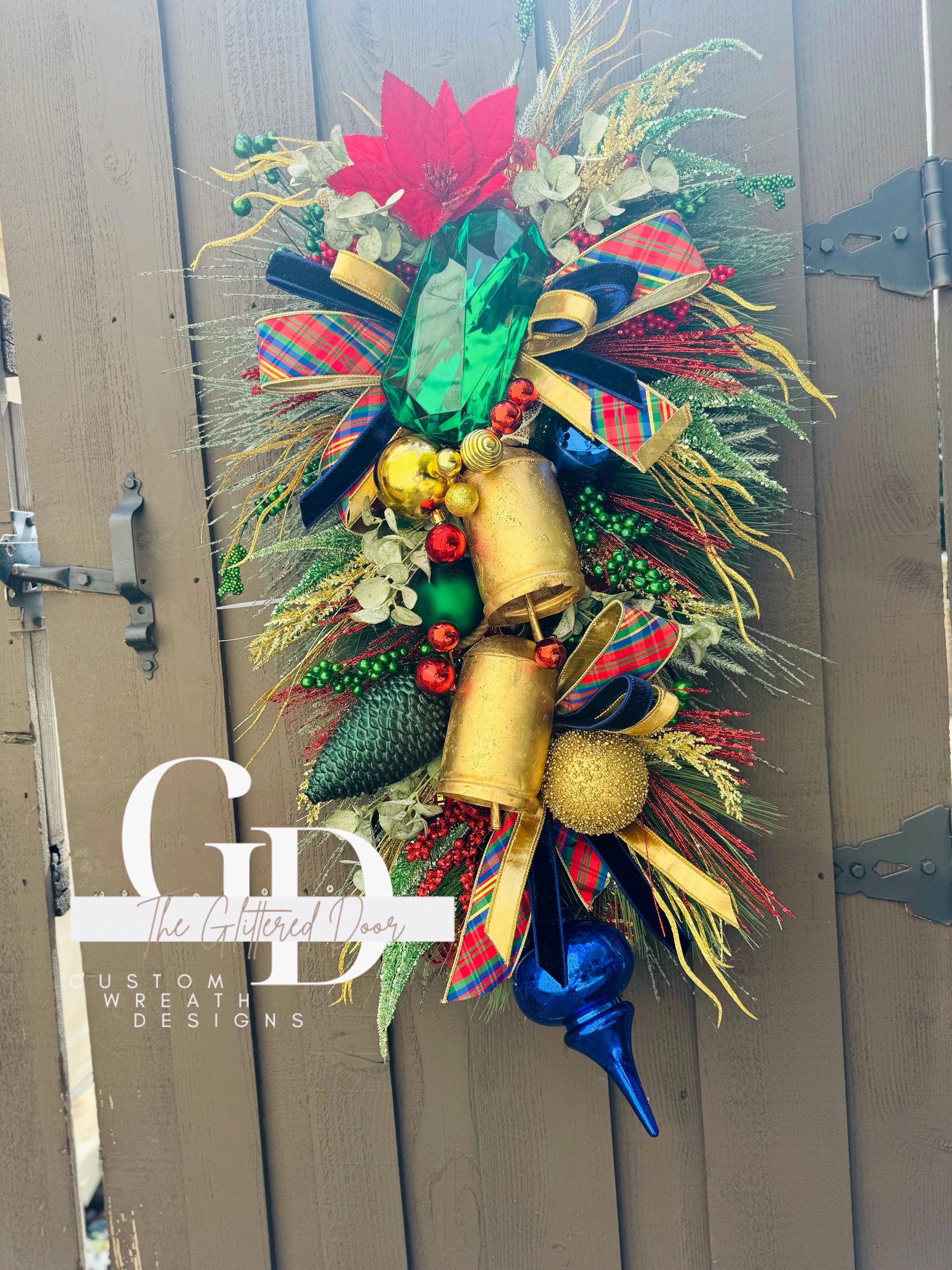Red Blue Green Classic Christmas glam swag wreath Jewel Ornament Elegant Pine wreath Holiday wreath Christmas decor Made to order