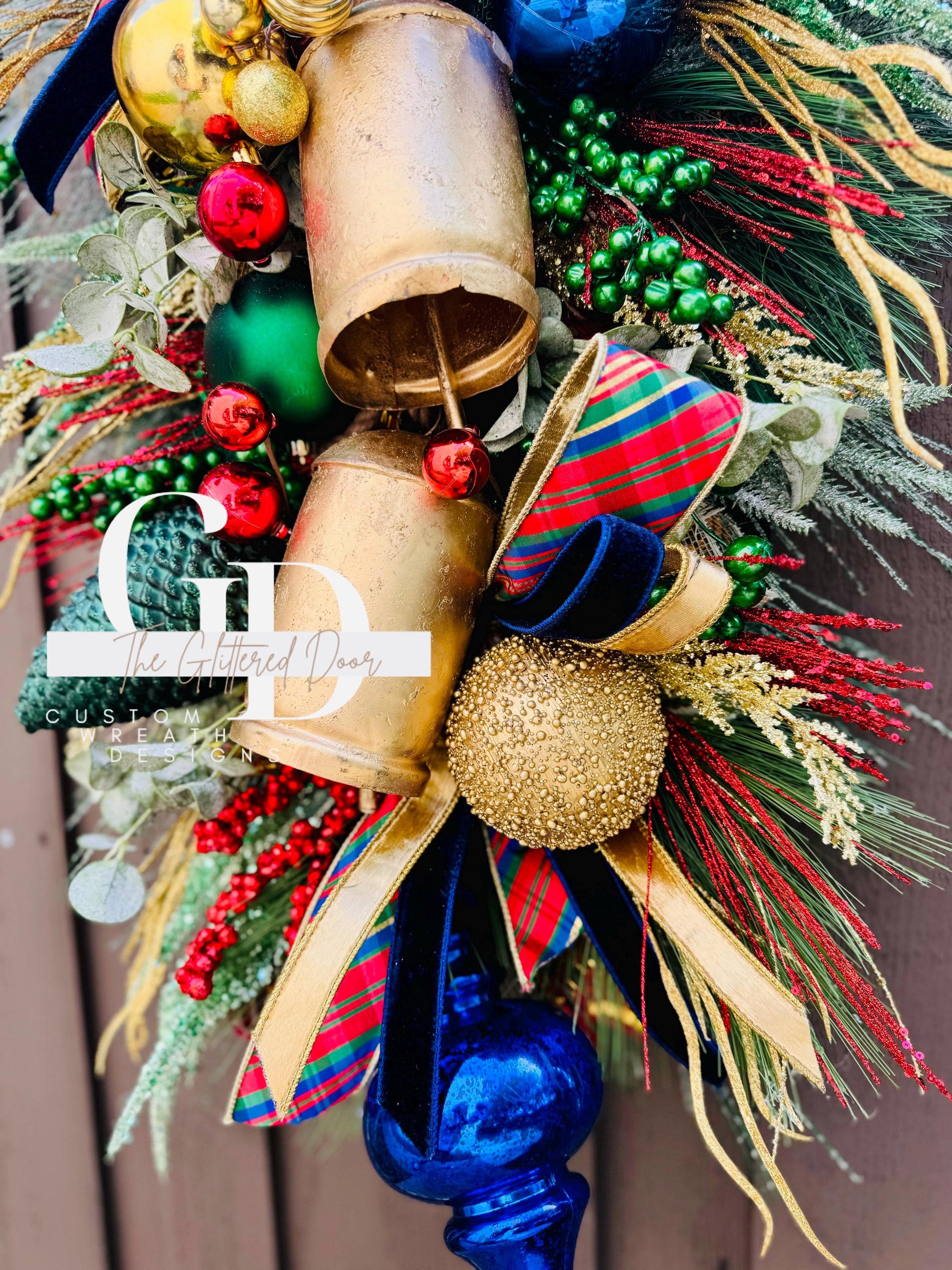 Red Blue Green Classic Christmas glam swag wreath Jewel Ornament Elegant Pine wreath Holiday wreath Christmas decor Made to order