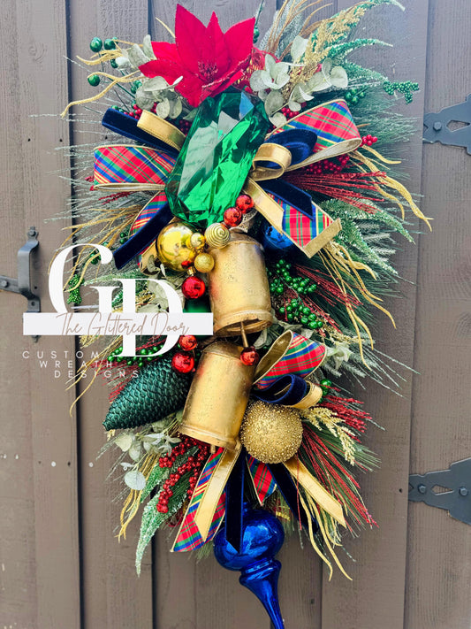 Red Blue Green Classic Christmas glam swag wreath Jewel Ornament Elegant Pine wreath Holiday wreath Christmas decor Made to order