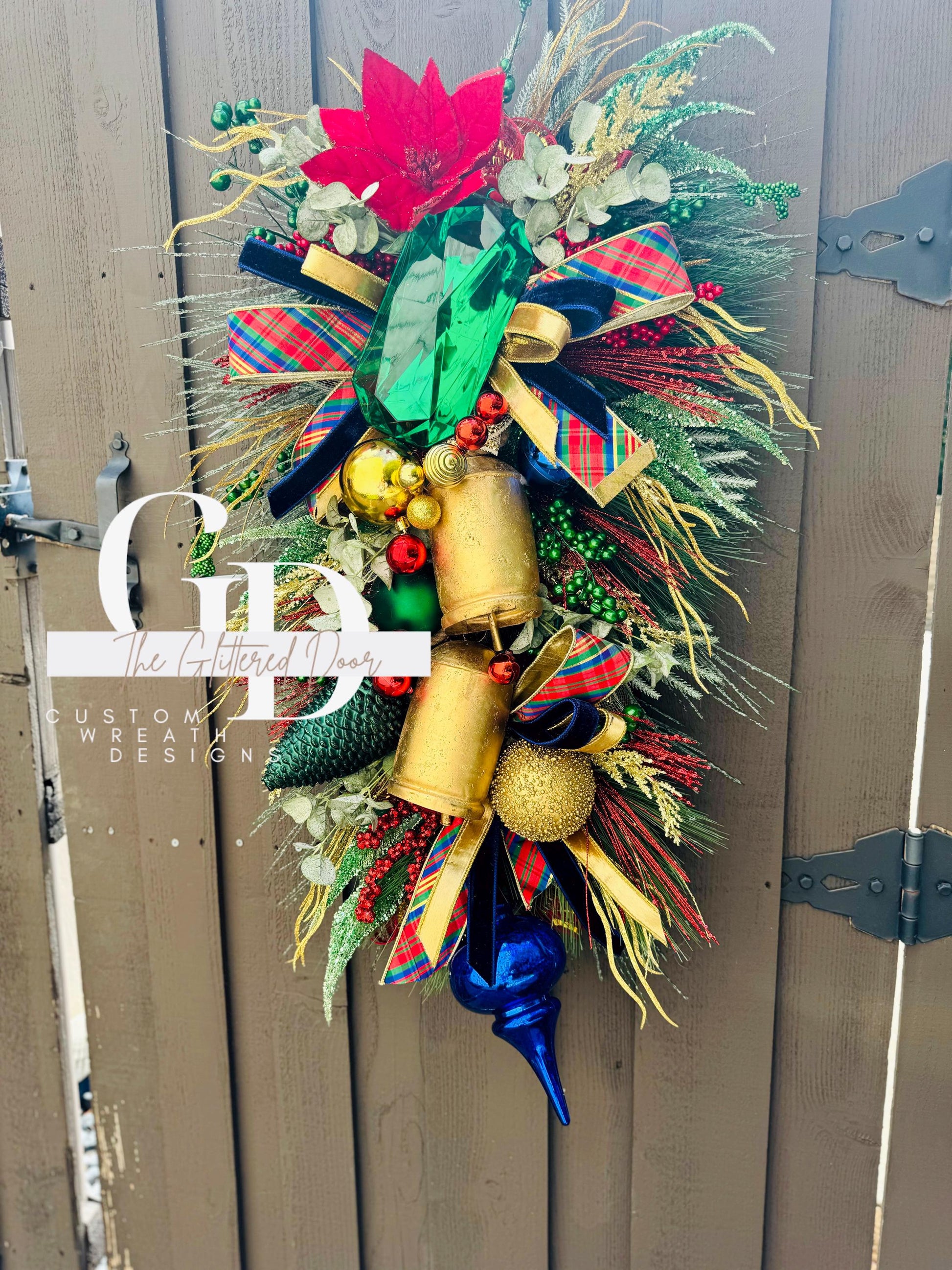Red Blue Green Classic Christmas glam swag wreath Jewel Ornament Elegant Pine wreath Holiday wreath Christmas decor Made to order