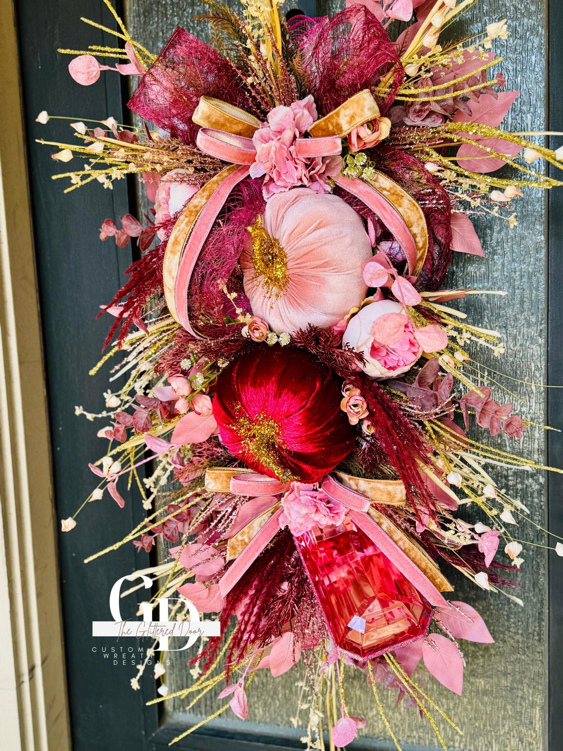 Front Door Pink Fall Wreath Pumpkin and Jewel Wreath Pink Fall Front door Decor Thanksgiving wreath Glam Elegant Pink and Burgandy wreath