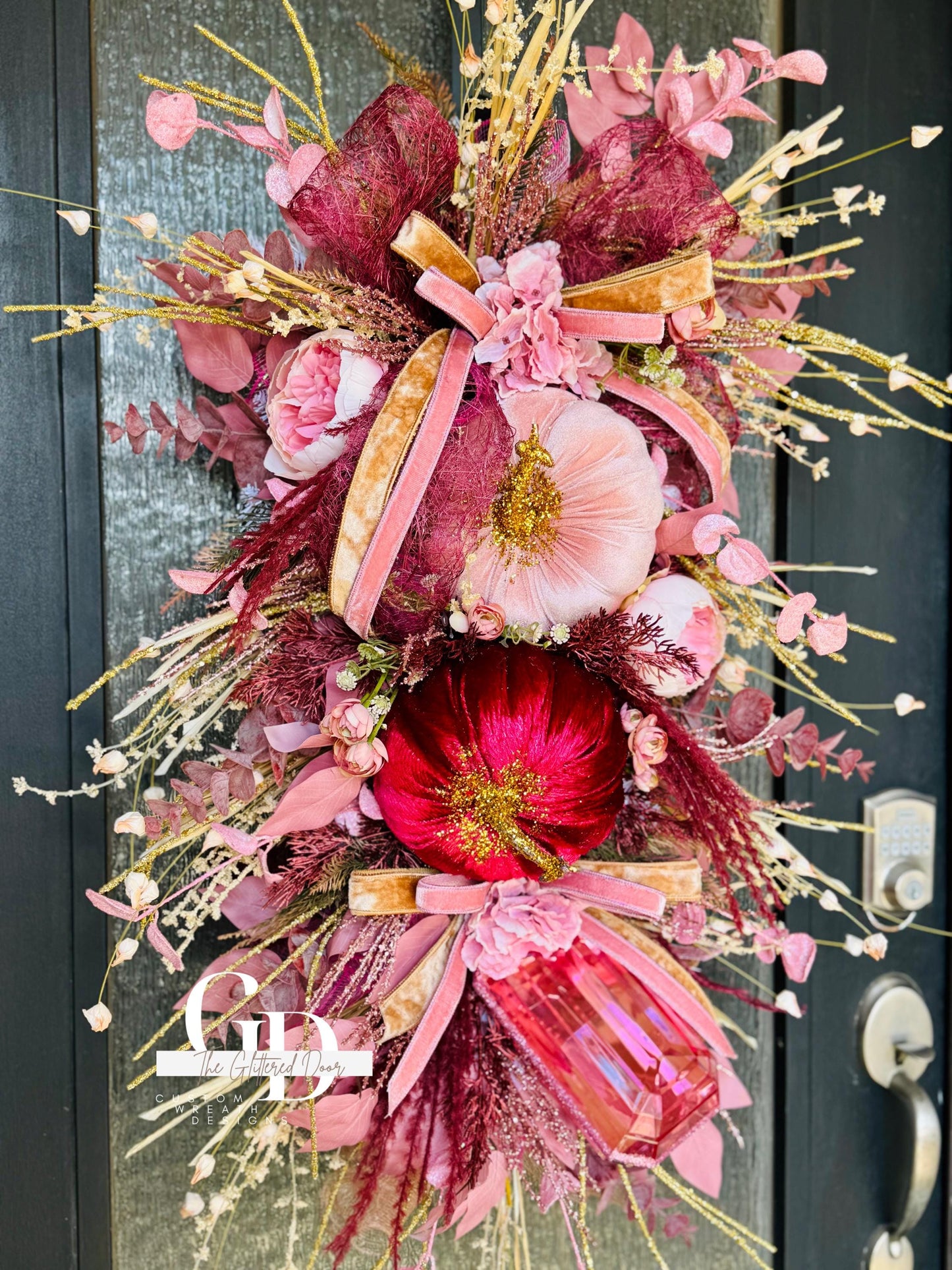 Front Door Pink Fall Wreath Pumpkin and Jewel Wreath Pink Fall Front door Decor Thanksgiving wreath Glam Elegant Pink and Burgandy wreath