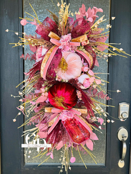 Front Door Pink Fall Wreath Pumpkin and Jewel Wreath Pink Fall Front door Decor Thanksgiving wreath Glam Elegant Pink and Burgandy wreath