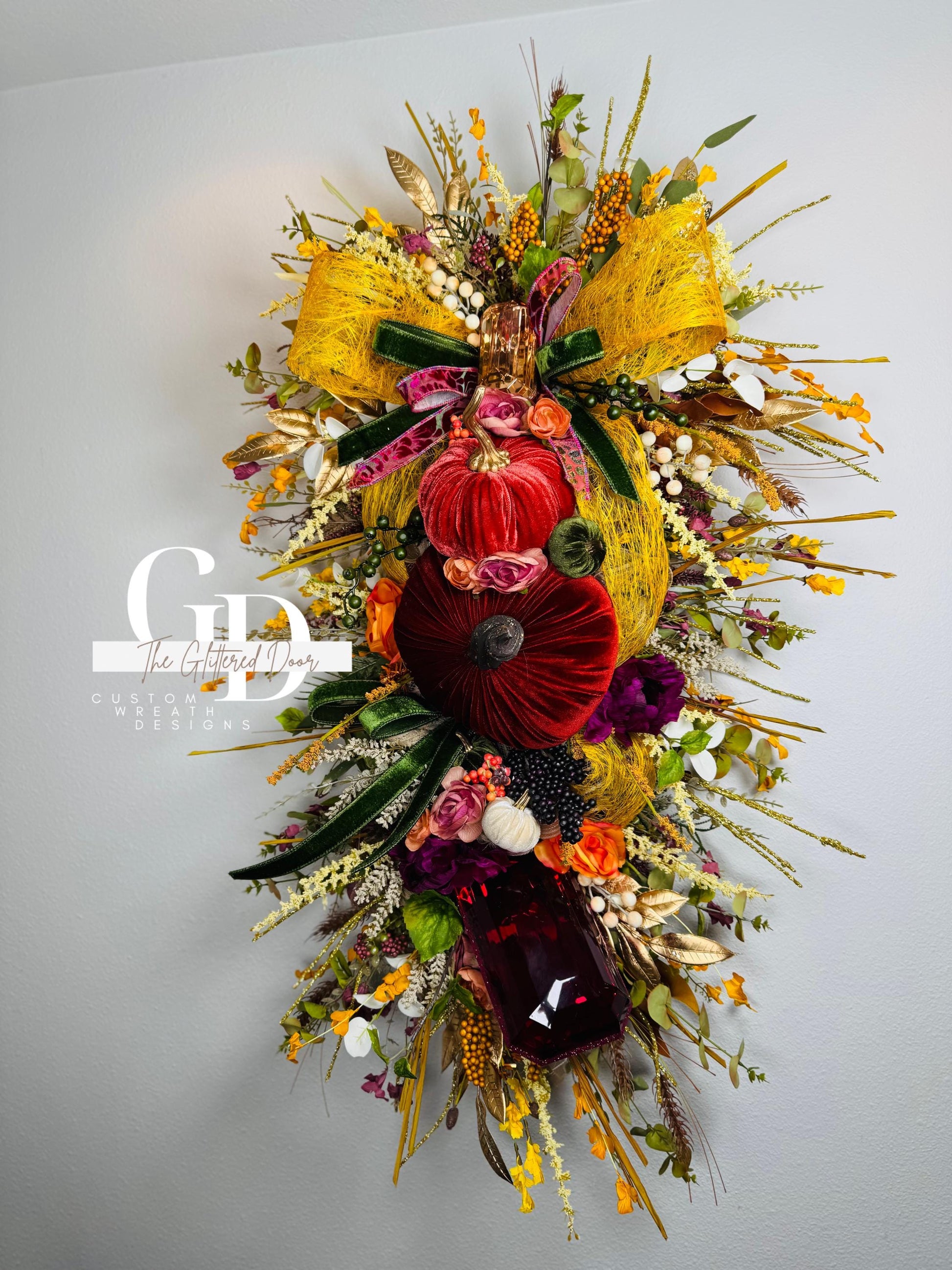 Fall Swag Wreath Pumpkin Wreath Mustard & Burgundy Fall Front door XL wreath Thanksgiving wreath Autumn decor Elegant wreath w/gem ornament