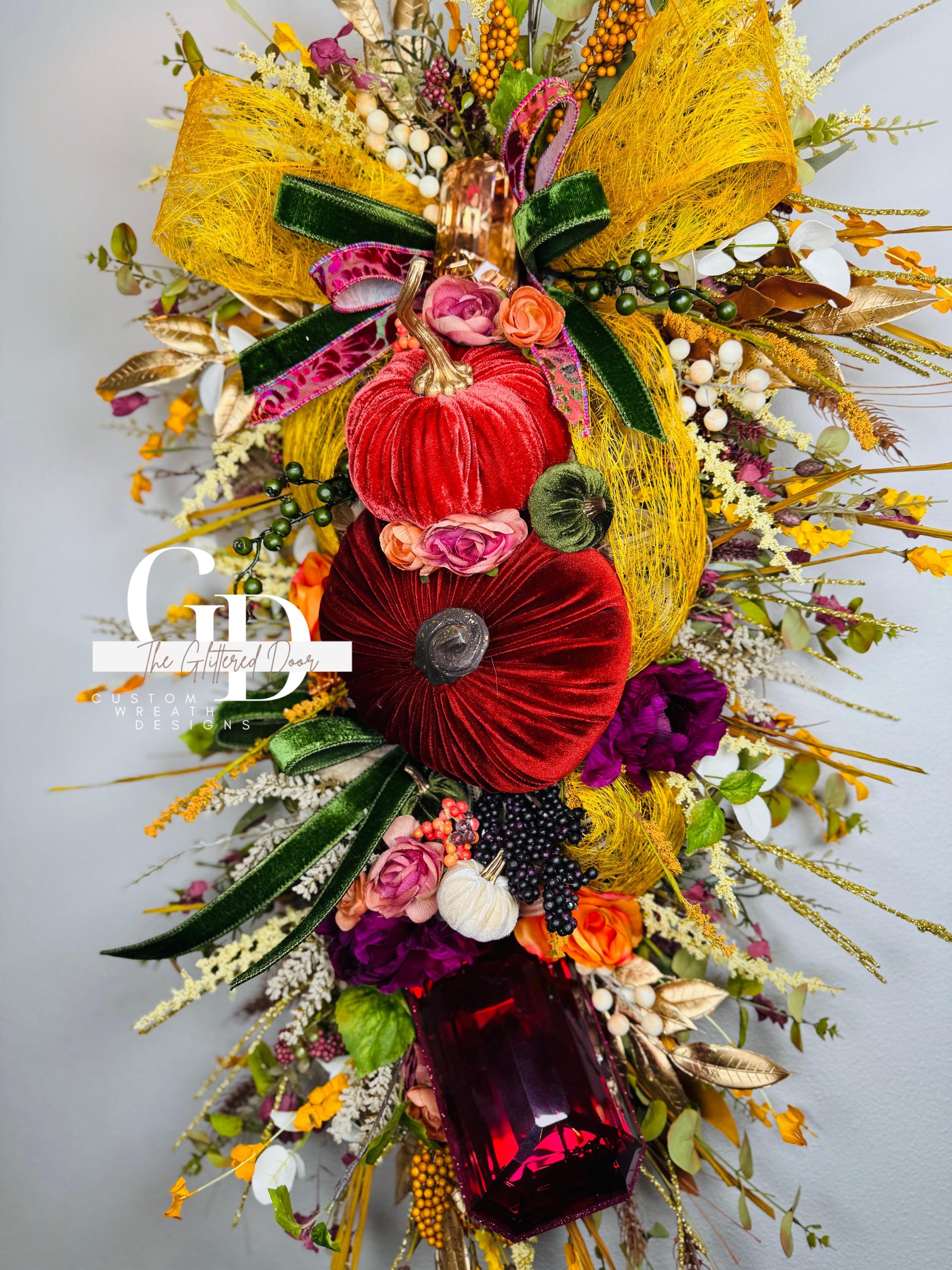 Fall Swag Wreath Pumpkin Wreath Mustard & Burgundy Fall Front door XL wreath Thanksgiving wreath Autumn decor Elegant wreath w/gem ornament