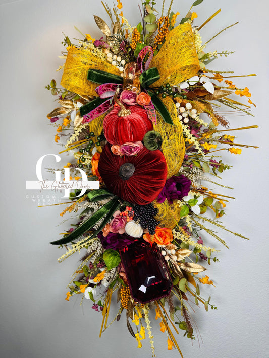 Fall Swag Wreath Pumpkin Wreath Mustard & Burgundy Fall Front door XL wreath Thanksgiving wreath Autumn decor Elegant wreath w/gem ornament